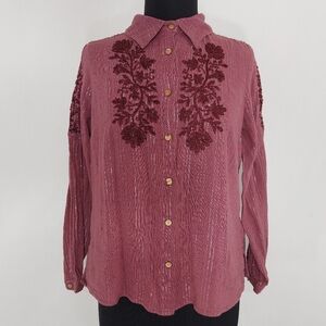 Soft Surroundings Button Collar‎ Shirt Embroidered Floral Metallic Stripe Medium